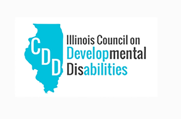 On the left is the map of Illinois in blue with the words CDD in the middle. On the right are the words, Illinois Council on Developmental Disabilities. Develop in developmental and abilities in disabilities are in blue ink