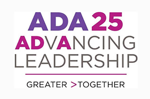 Logo stating ADA 25 Advancing Leadership in purple, magenta, and gray color. Under this logo, there are the words greater > together