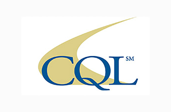 Logo of CQL in blue ink. Gold filled in arc around CQL