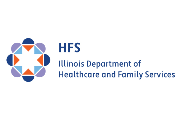 Background space of logo is blue. On the left, three people outlined. Two in white and one in blue. Next to them is the logo HFS, Illinois Department of Healthcare and Family Services